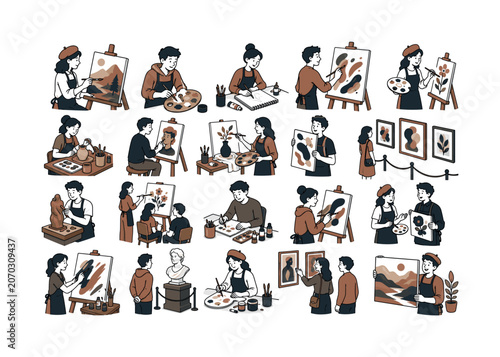 Painting Art Studio collection of digital illustrations NOT icons NOT symbols, 12?20 character-driven small scenes of artists painting canvases, visiting galleries, holding brushes, mixing paint,