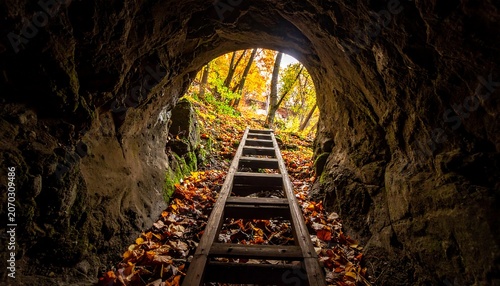 A stone tunnel opening up to a vibrant autumn scene. A wooden ladder leads towards the bright opening. Colorful leaves surround the base
