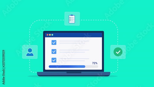 Animated flat vector illustration of a laptop displaying a task management dashboard with checklist, user profile, and completion status icons. Modern productivity, workflow, and project organization 