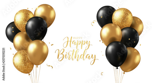 Elegant black and gold balloons celebrate happy birthday with confetti and sparkle transparent background black background