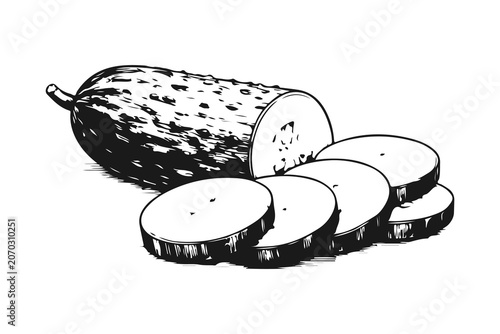 Fotografie Simple hand drawn sliced cucumber sketch, engraved organic food, fresh vegetable illustration clip art