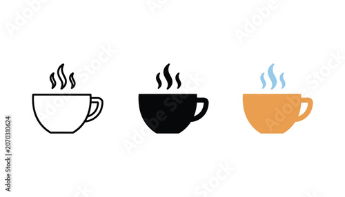 Foto Set of three coffee cup icons with steam in line art solid black and colored sty