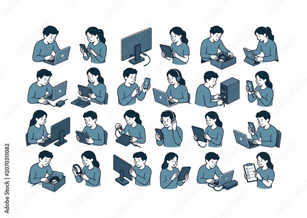 Fototapeta premium Device Icon Collection collection of digital illustrations NOT icons NOT symbols, 12?20 character-driven small scenes of people setting up laptops, checking smartphones, using tablets, arranging