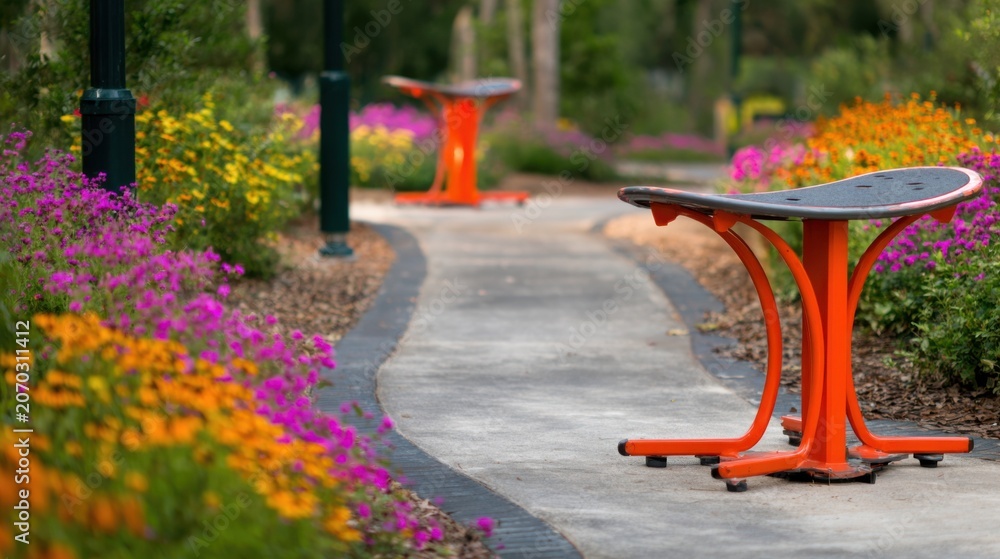 Fototapeta premium Balance training stations placed along a winding outdoor path emphasizing stability exercises with a vibrant but outoffocus garden backdrop.