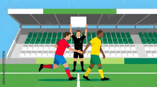 Soccer Substitution Illustration with Referee and Players on Stadium Field, Vector Sports Concept