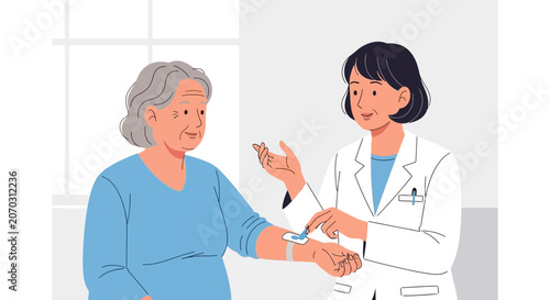 Doctor examining elderly woman's arm with wound dressing in examination room.