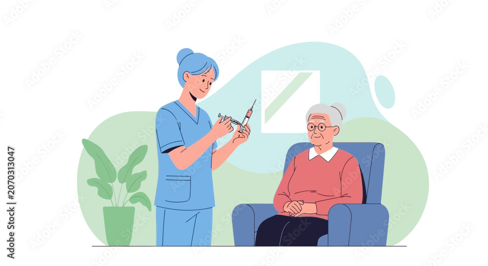 Fototapeta premium Nurse administering vaccine to elderly woman illustration