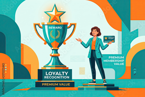 Illustration of a Woman Standing Next to a Large Loyalty Recognition Trophy