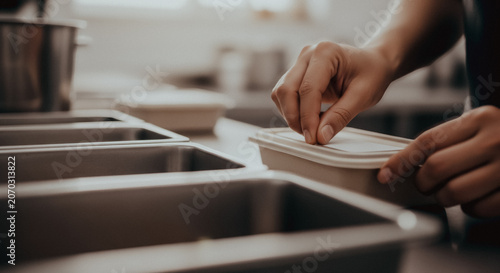 Professional chef hands closing a meal prep container in a commercial kitchen representing food delivery service quality.