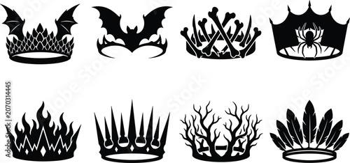 Canvas Print Gothic fantasy crown silhouette icon set featuring dark queen tiaras with bats b