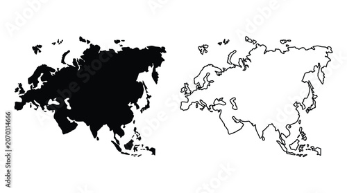 Fotografía Asia continent silhouette black and white line art illustration