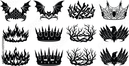 Canvas Print Gothic fantasy crown silhouette icon set featuring evil queen tiaras with bats b