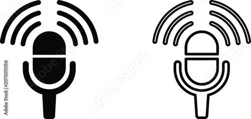 Microphone Icon With Radio Waves Black And White Flat Design