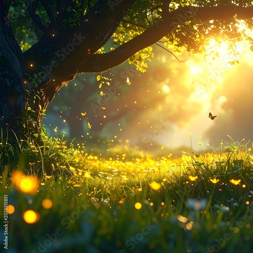A serene landscape with a tree and fireflies on a sunny day