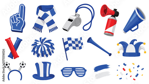 Collection of football fan accessories and icons including foam finger, scarf, whistle, and more