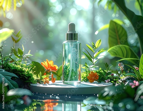 A serene, sunlit setting featuring a clear glass dropper bottle surrounded by lush greenery and vibrant flowers