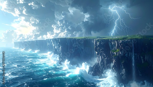 A stormy seascape with rugged cliffs under lightning