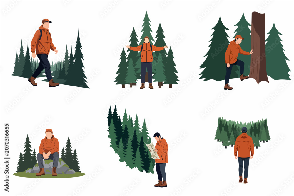Fototapeta premium Man Hiking and Exploring the Pine Forest Nature Flat Vector Illustration Set
