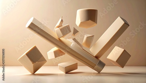 Wooden geometric shapes levitating against a soft, creamy background