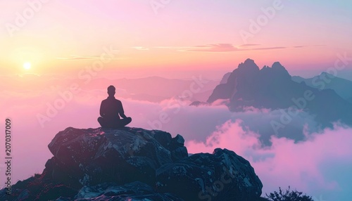 Silhouette on a mountain summit, meditating at dawn