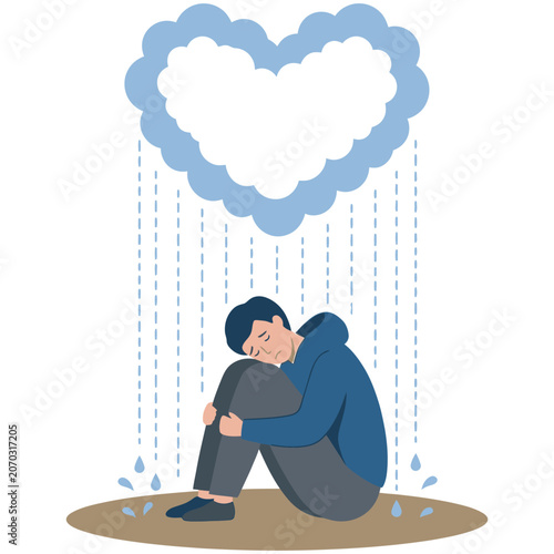 Schilderij op canvas Depressed young man sitting alone with a raining heart cloud above him, solitude