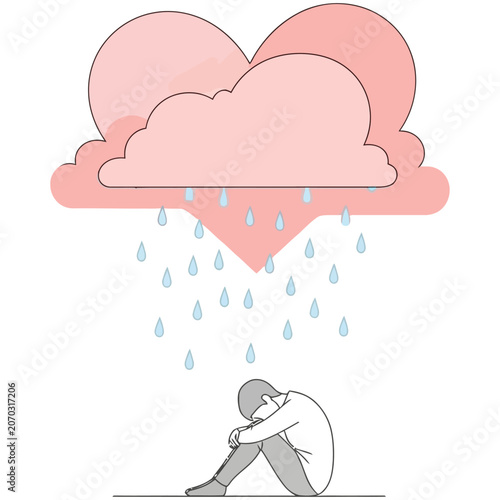 Foto Sad man sitting alone under a raining pink heart cloud concept with heartbreak