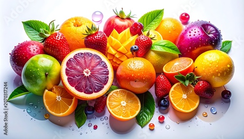 A vibrant, colorful arrangement of various fresh fruits on a plain white surface