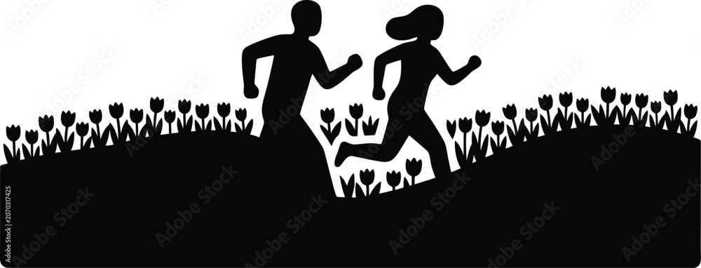 Fototapeta premium Couple running through spring tulip field outdoor fitness activity illustration