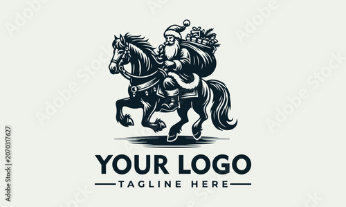Принти на полотні Vintage Santa Claus Riding Horse with Gift Sack Vector Logo Illustration