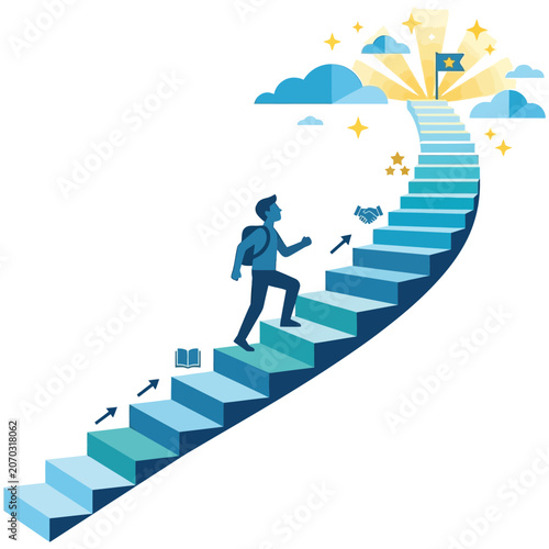 Business professional climbing stairs to success with goal reached, climbing