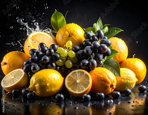 A vibrant still life of citrus fruits and berries with water splashes