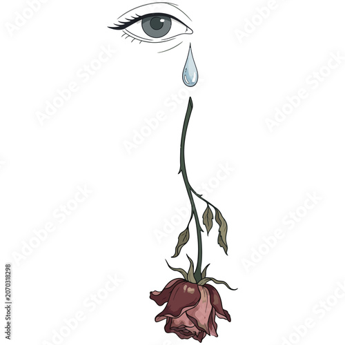 Foto Conceptual illustration of a crying eye dropping tears onto a wilted rose