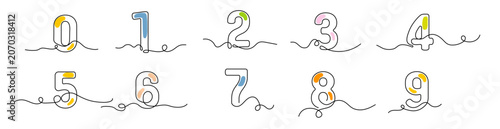 numbers line-art color, one line draw vector illustration