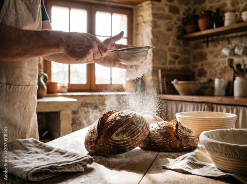 Close Up of Artisan Baker Hands Dusting Flour on Fresh Sourdough Bread
