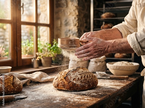 Close Up of Artisan Baker Hands Dusting Flour on Fresh Sourdough Bread