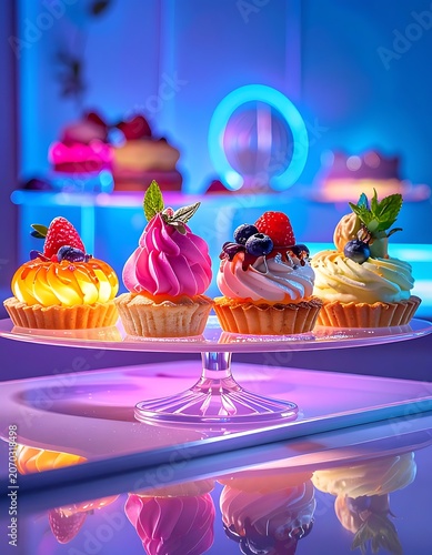Colorful desserts on a white tray with a blue-lit background
