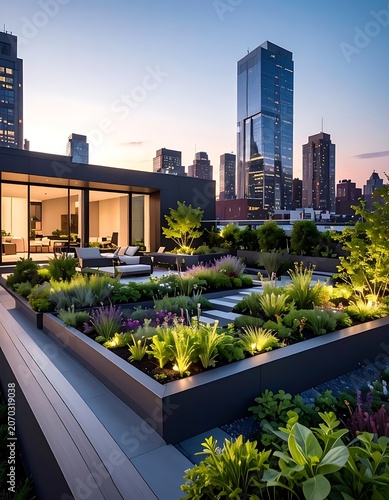 Modern rooftop garden with city skyline view at dusk