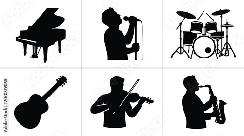 Musical Instrument Silhouettes On White Background Collection Of Performers