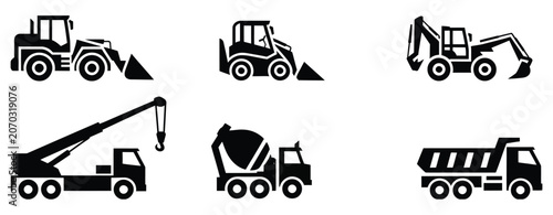 Fotografie construction machinery icon collection, excavator crane cement mixer dump truck and bulldozer symbols, heavy equipment transport and building industry concept, simple black silhouette vector set