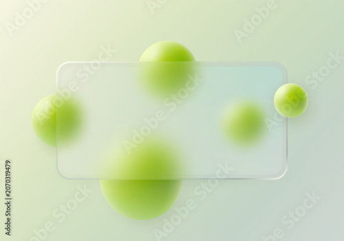 Glass morphism banner with lime spheres on soft gradient background