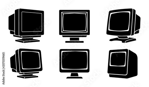 Schilderij op canvas Retro Computer Icons, Vintage Monitor Set, Old Technology Graphics, Classic Desk