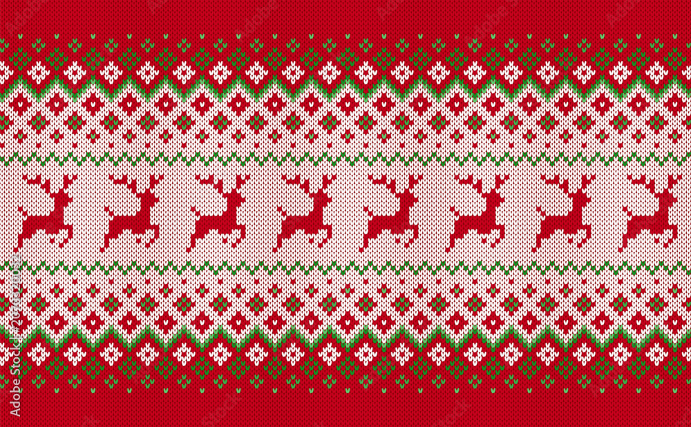 Fototapeta premium Knitted red seamless texture with deers. Christmas pattern. Xmas knit sweater background. Holiday fair traditional ornament. Festive winter print. Wool pullover vector illustration.