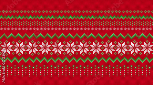 Christmas texture seamless print. Traditional knitted red and green sweater pattern. Geometric background with snowflakes. Xmas winter knit. Holiday wool pullover ornament. Festive crochet. Vector ill