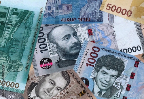Quadro em tela Armenian dram money banknotes bunch on table