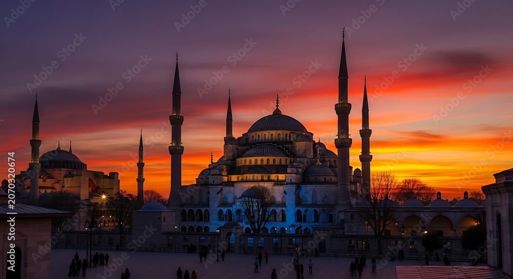 Fototapeta premium Majestic mosque architecture illuminated against dramatic twilight sky
