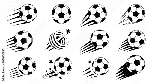 Dynamic soccer ball icons with motion trails and cosmic theme in black and white