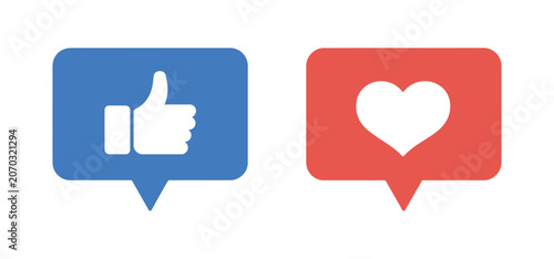 Tableau sur toile social media reaction icon collection with like and love buttons, thumbs up and heart inside chat bubbles, feedback and engagement UI concept, simple flat vector design set