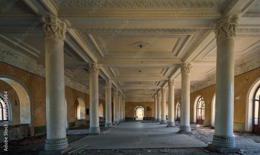 Naklejka premium Abandoned neoclassical hall with ornate columns and arched windows, historic architecture decay, urban exploration, restoration concept.