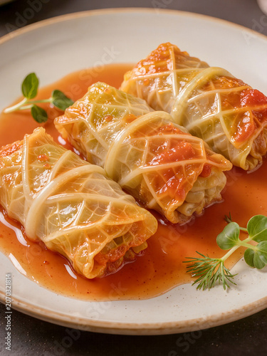 Golubtsi cabbage rolls served with rich tomato sauce and parsley