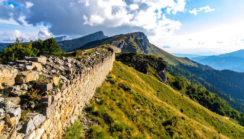 A stone wall extends along a ridge, leading towards distant peaks under a partly cloudy sky, with valleys visible